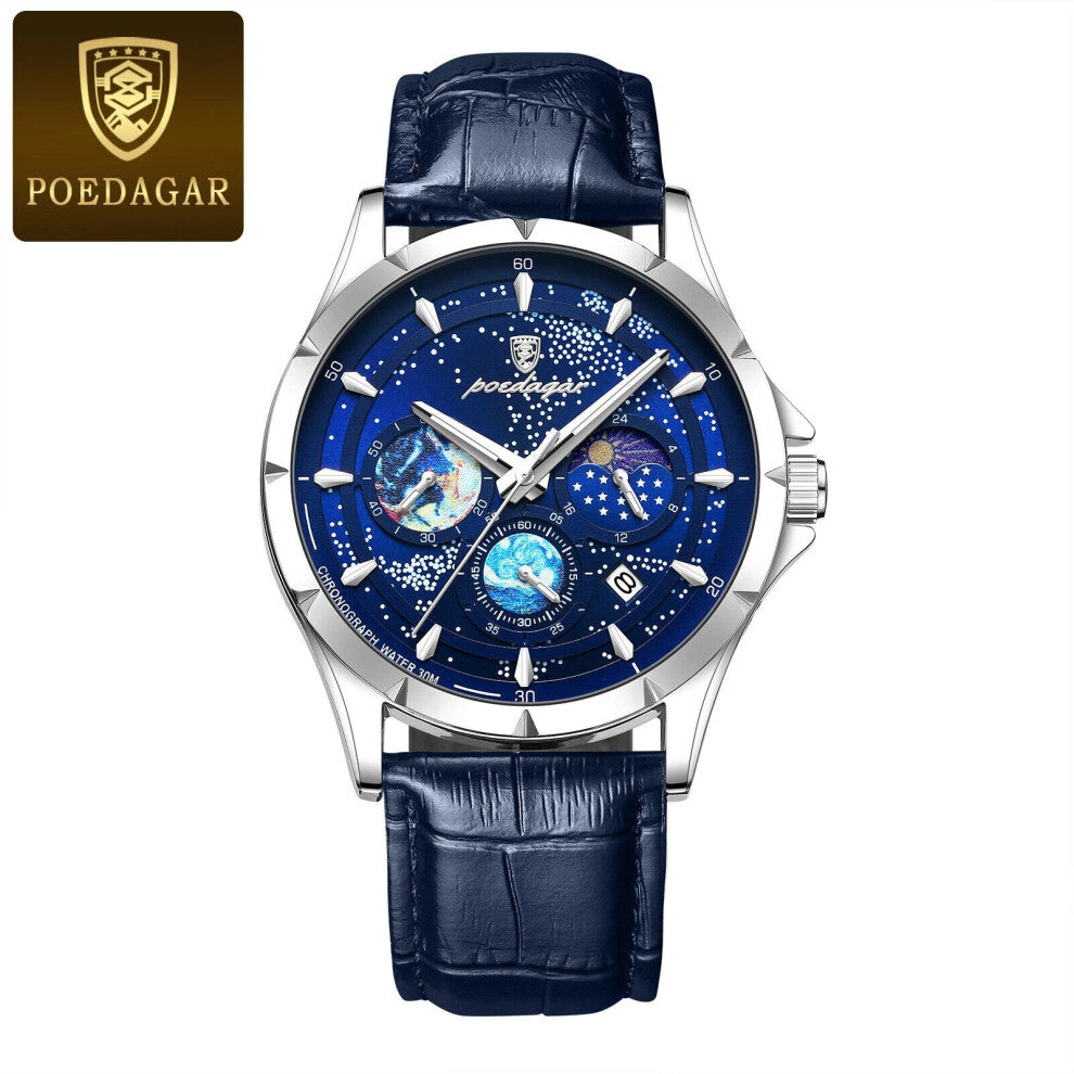 (Silver Dark Blue Face) Men's Leather Quartz Watches Date Chronograph Wristwatch Waterproof Luminous New
