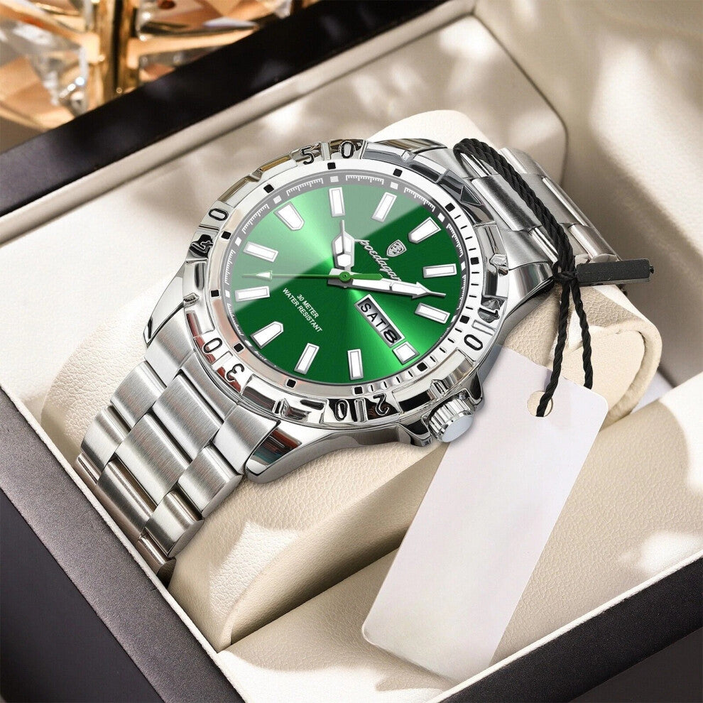 (Silver Green Face) Luxury Men's Watches Waterproof Luminous Quartz Watch Man Calendar Wristwatch
