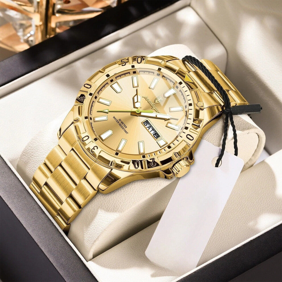(Gold Gold Face) Luxury Men's Watches Waterproof Luminous Quartz Watch Man Calendar Wristwatch Hot
