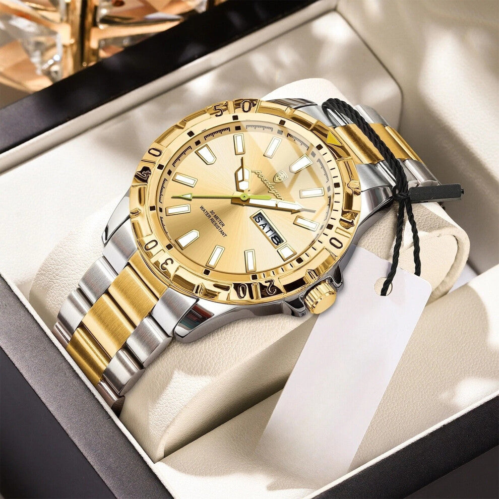 (Gold Silver Gold Face) Luxury Men's Watches Waterproof Luminous Quartz Watch Man Calendar Wristwatch Hot
