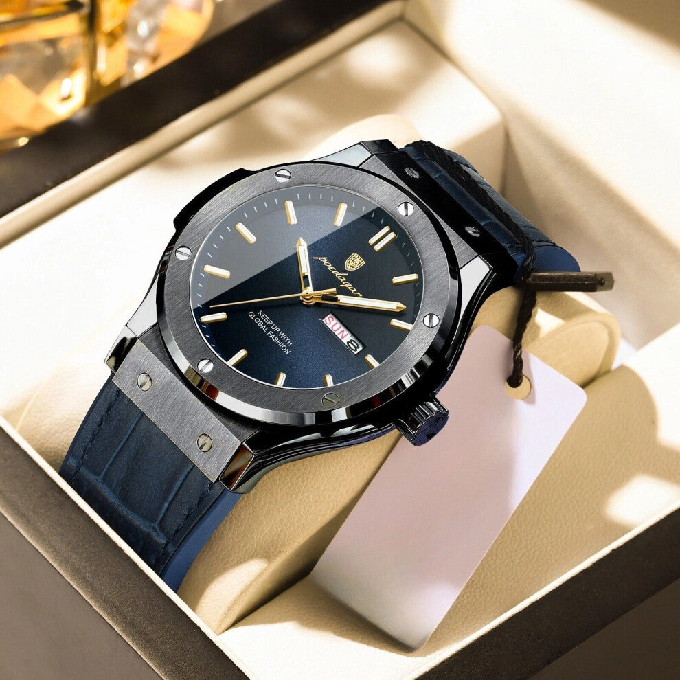 (Black Dark Blue Face) Luxury Watches Mens Calendar Quartz Watch Waterproof Luminous Wristwatch
