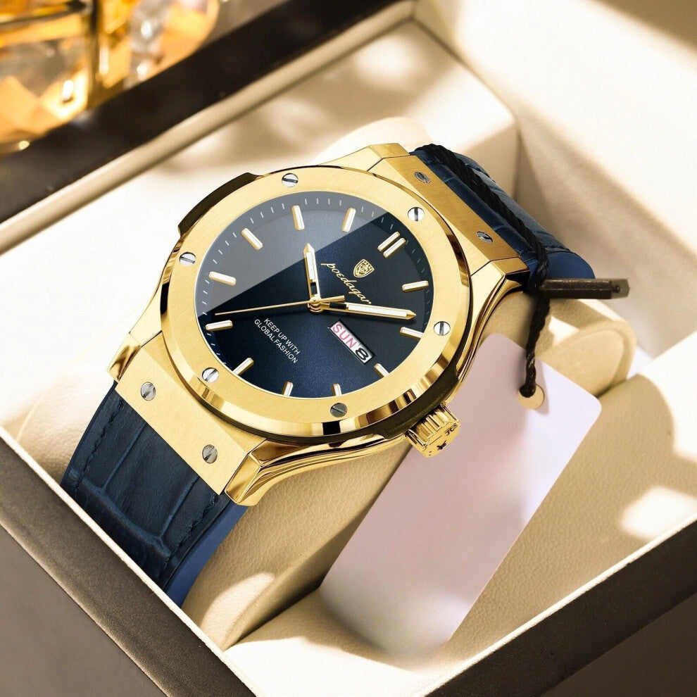 (Gold Dark Blue Face) Luxury Watches Mens Calendar Quartz Watch Waterproof Luminous Wristwatch