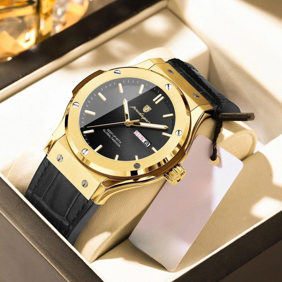 (Gold Black Face) Luxury Watches Mens Calendar Quartz Watch Waterproof Luminous Wristwatch New