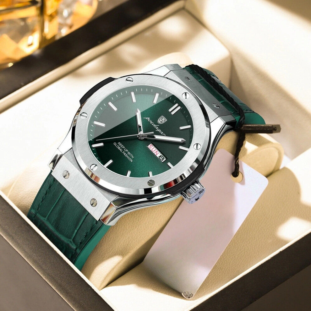 (Silver Dark Green Face) Luxury Watches Mens Calendar Quartz Watch Waterproof Luminous Wristwatch New