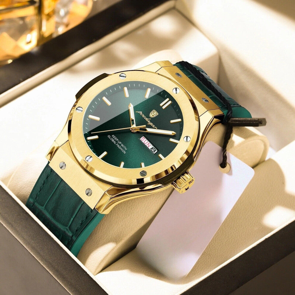 (Gold Dark Green Face) Luxury Watches Mens Calendar Quartz Watch Waterproof Luminous Wristwatch Hot