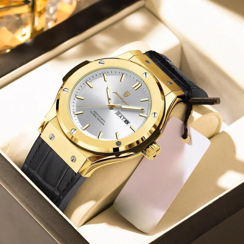 (Gold White Face) Luxury Watches Mens Calendar Quartz Watch Waterproof Luminous Wristwatch Hot