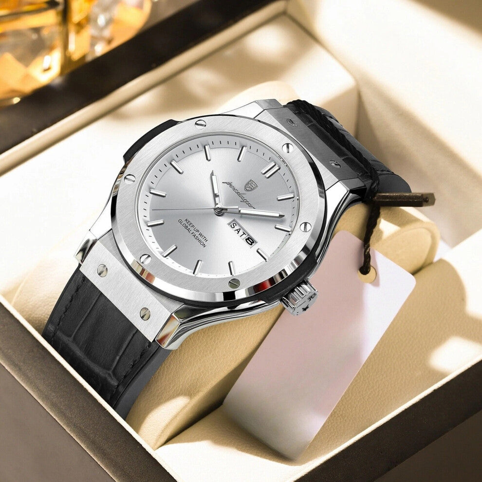 (Silver White Face) Luxury Watches Mens Calendar Quartz Watch Waterproof Luminous Wristwatch Hot