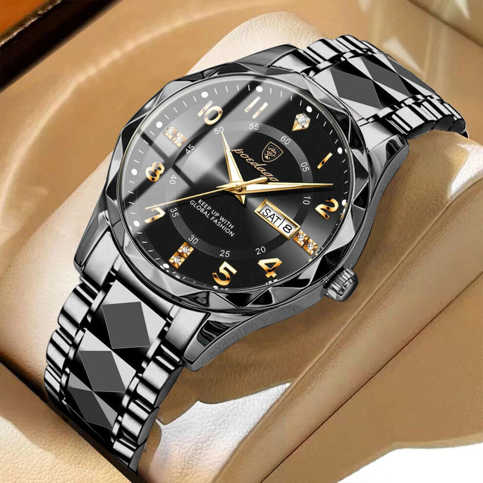 (Black Black Face) Mens Quartz Watches 30M Waterproof Luminous Date Stainless Steel Wristwatches