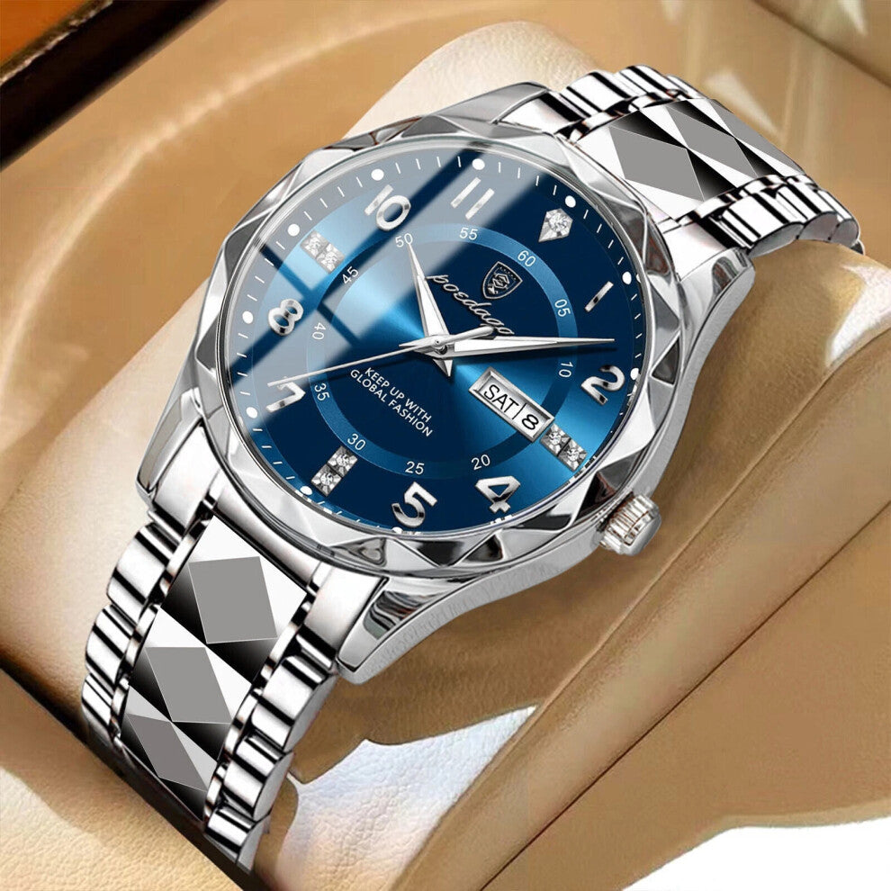 (Silver Dark Blue Face) Mens Quartz Watches 30M Waterproof Luminous Date Stainless Steel Wristwatches