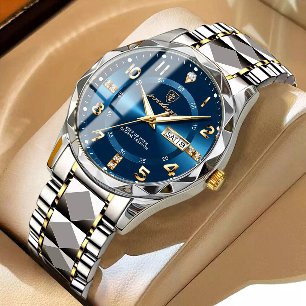 (Silver Gold Dark Blue Face) Mens Quartz Watches 30M Waterproof Luminous Date Stainless Steel Wristwatches
