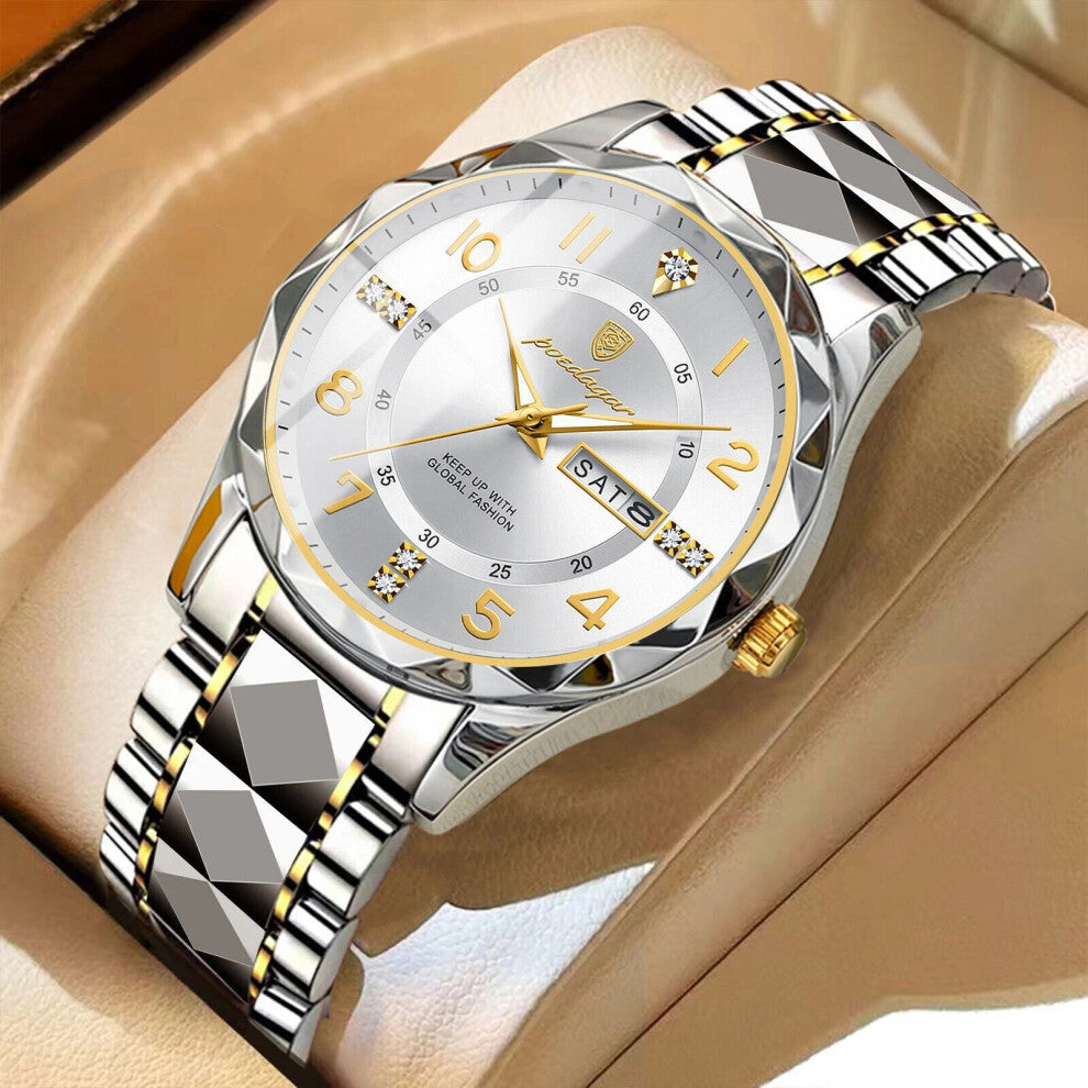 (Silver Gold White Face) Mens Quartz Watches 30M Waterproof Luminous Date Stainless Steel Wristwatches