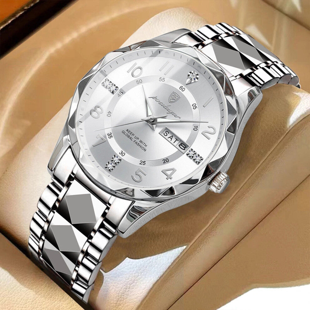 (Silver White Face) Mens Quartz Watches 30M Waterproof Luminous Date Stainless Steel Wristwatches