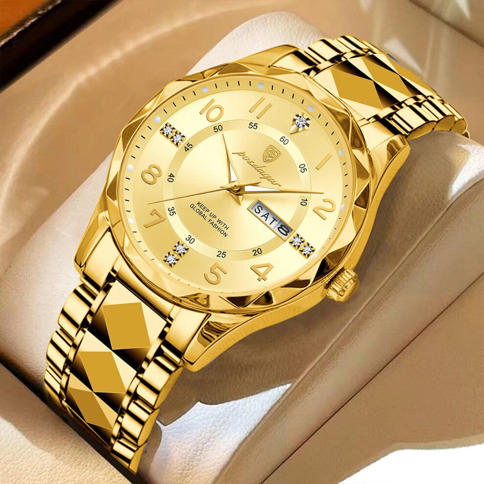 (Gold Gold Face) Mens Quartz Watches 30M Waterproof Luminous Date Stainless Steel Wristwatches New