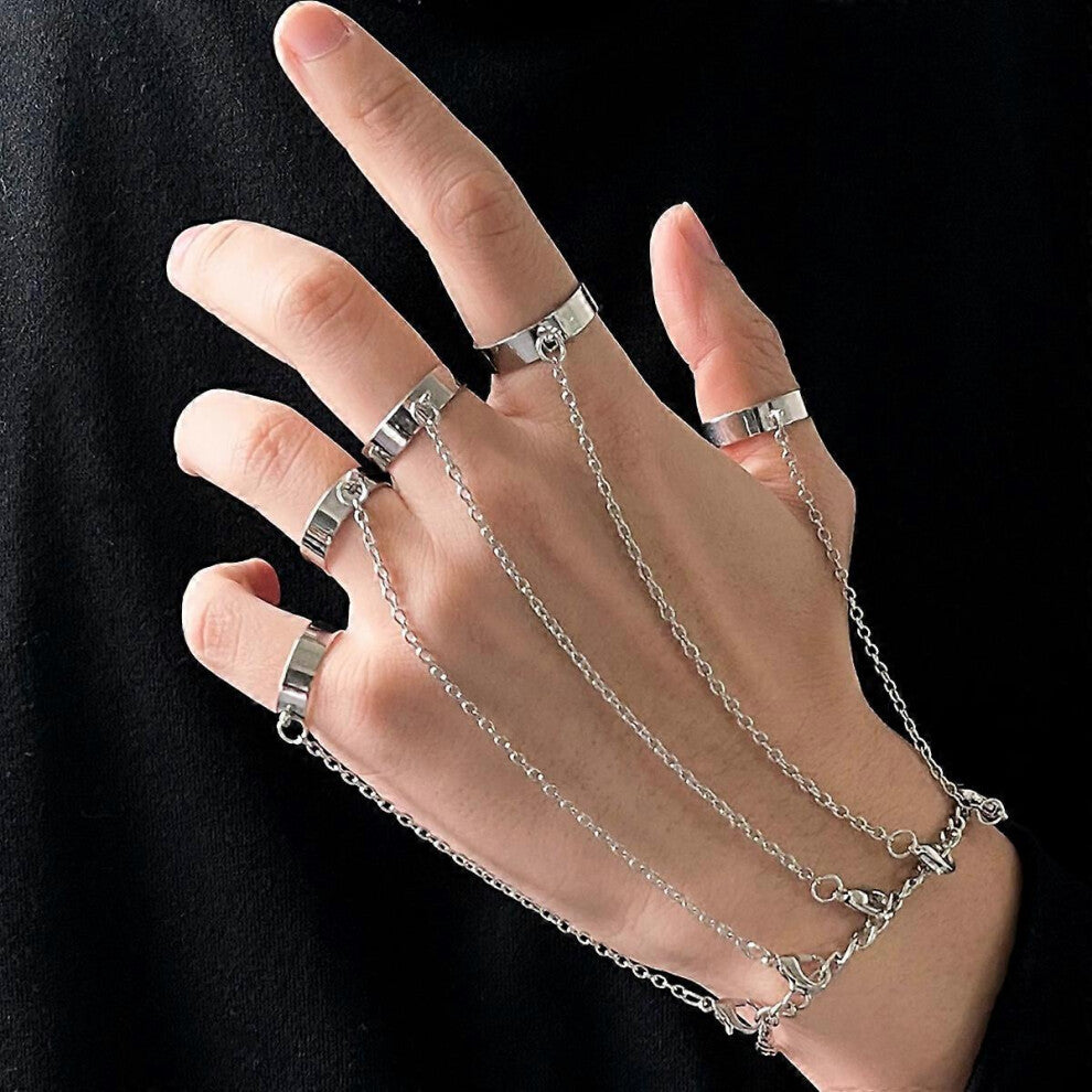 (As show, One size) Punk finger link bracelet, silver, 8&quot;, adjustable open strap ring chain bracelet, cuffed slave bracelet, for women and men
