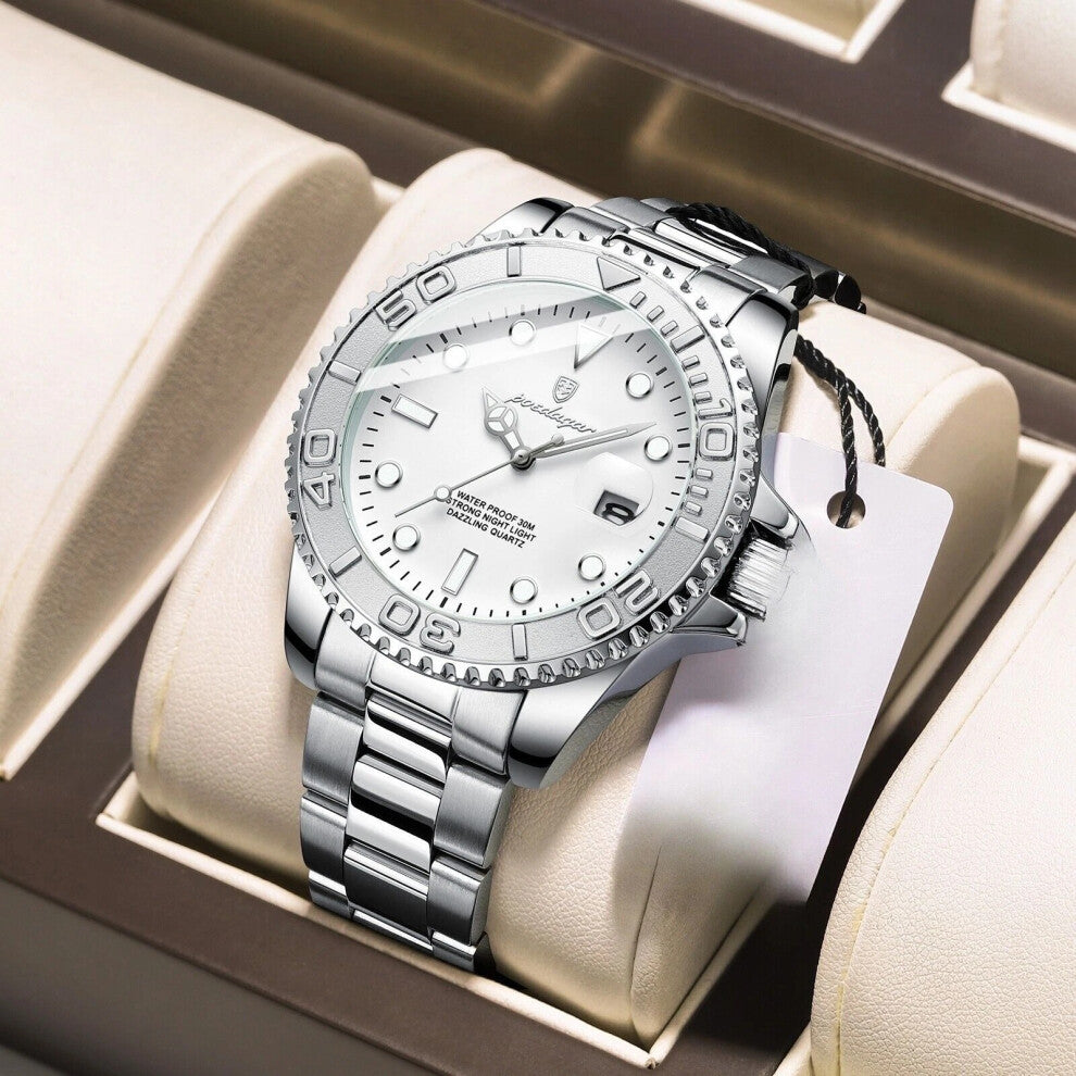 (Steel Silver White Face) Luxury Men's Watches Stainless Steel Quartz Watch Waterproof Luminous Wristwatch Hot