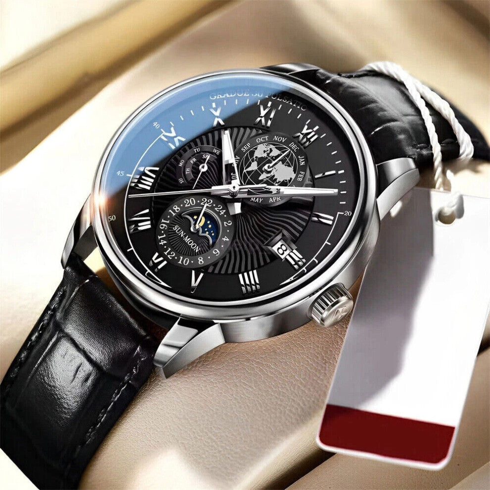 (Silver shell black face) Men Watch Leather Waterproof Luminous Quartz Wristwatch Luxury Man Watches