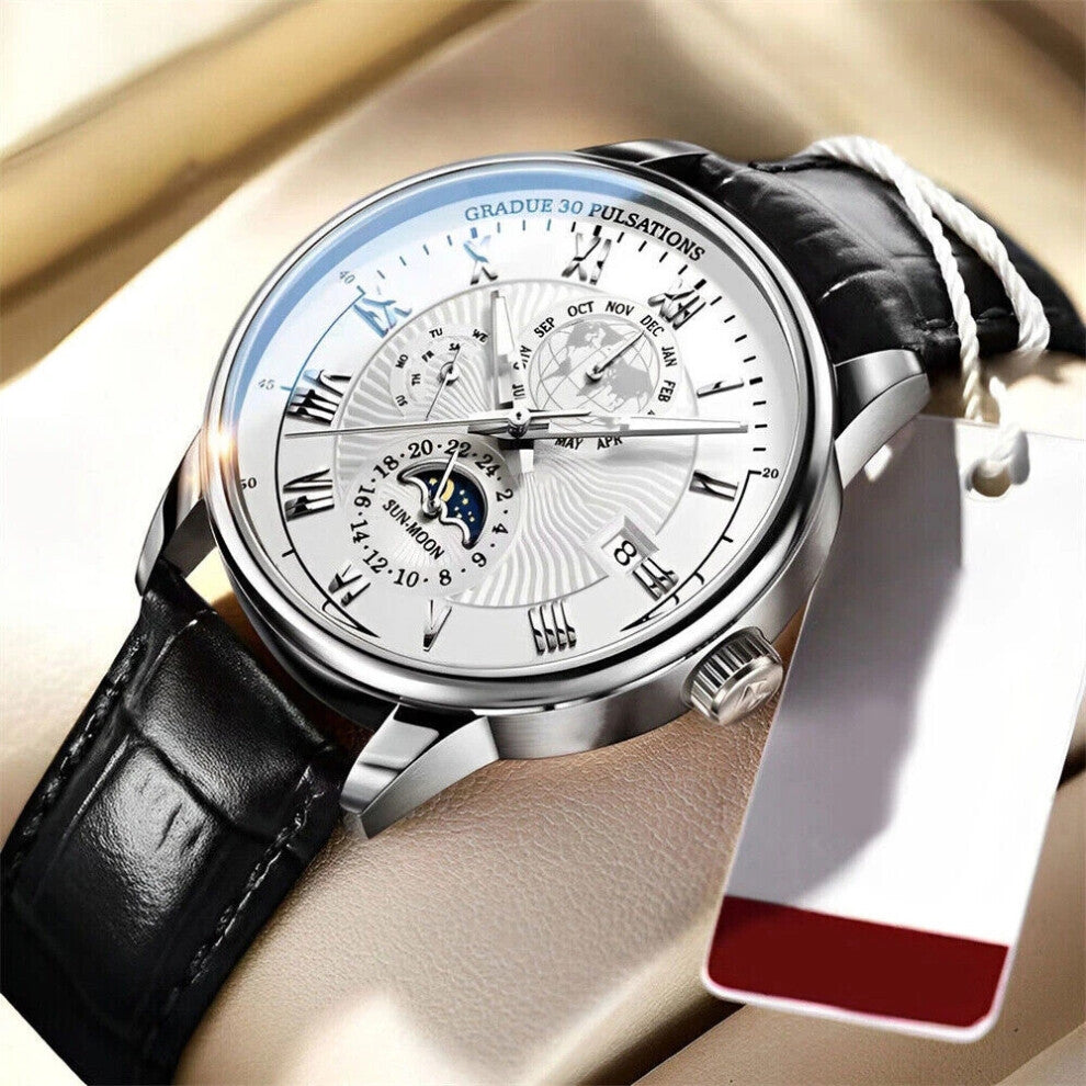 (Silver shell white noodles) Men Watch Leather Waterproof Luminous Quartz Wristwatch Luxury Man Watches