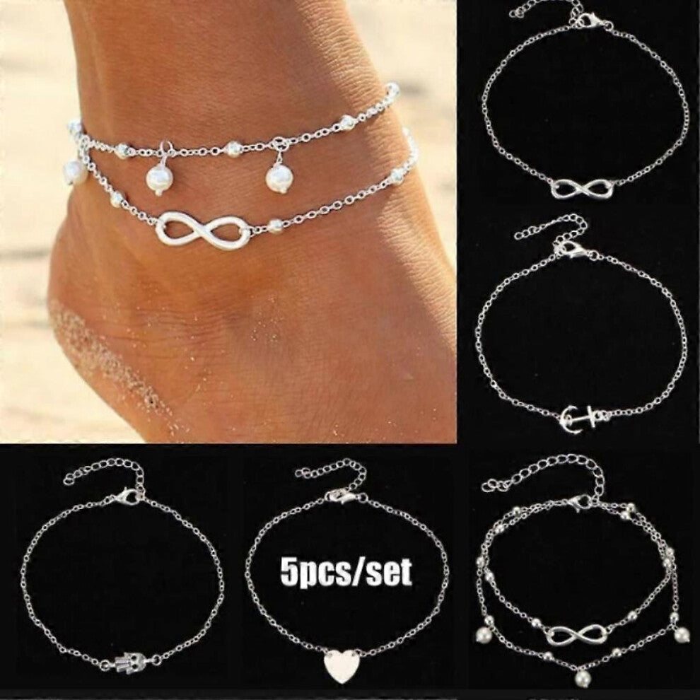 (As show, One size) 5PCS (Silver) Anklet Bead Anklet Bracelet Beads Chain Foot Jewelry for Women and Girls