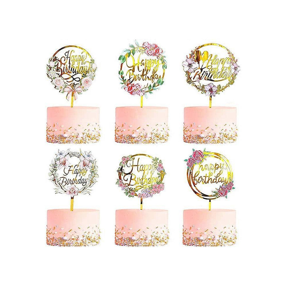 (As show, One size) 6-pack Happy Birthday Cake Insert (Flowers), Multi colored Acrylic Paper Cup Cake Insert Suitable for Various Birthday Party Girl