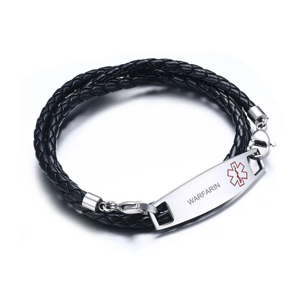 (WARFARIN) Men Women Medical Alert ID Tag Bracelet Braided PU Leather Band Custom Engraving