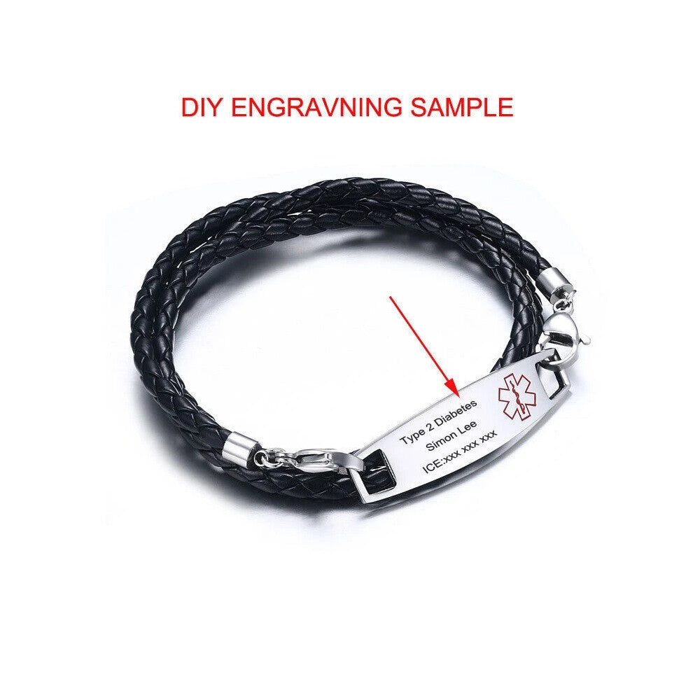 (Custom Engraving (msg us or leave us note)) Men Women Medical Alert ID Tag Bracelet Braided PU Leather Band Custom Engraving Hot