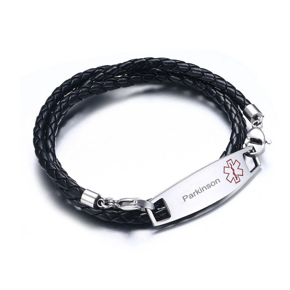 (Parkinson) Men Women Medical Alert ID Tag Bracelet Braided PU Leather Band Custom Engraving Hot