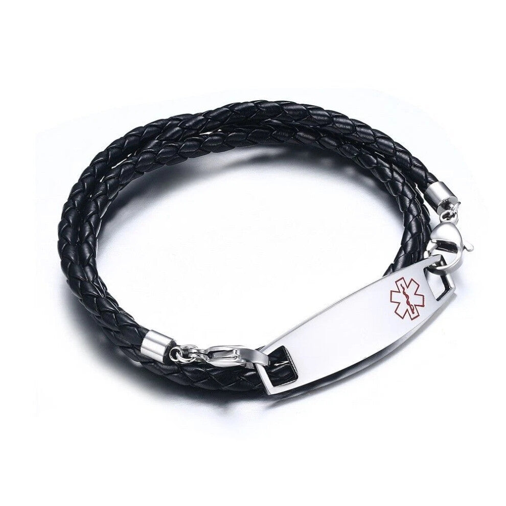 (Without Engraving) Men Women Medical Alert ID Tag Bracelet Braided PU Leather Band Custom Engraving Hot