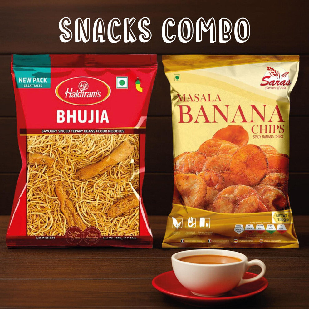 Haldiram's Bhujia Masala 200g & Saras Masala Banana Chips 150g – Indian Spicy Snack Combo | Crunchy & Flavourful | Ready-to-Eat Pack