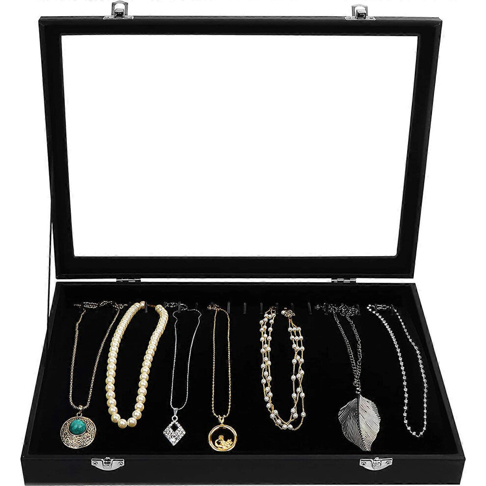 (As show, One size) Black Velvet Jewelery Box with Glass Lid and 20 Hooks (Pack of 1) - Stackable Necklace and Bracelet Storage Box - Ideal for Earrin