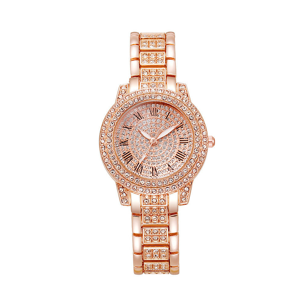 (Rose Gold) Luxury Rhinestone Fashion Women Watches Business Simple Stainless Steel Quartz Watch