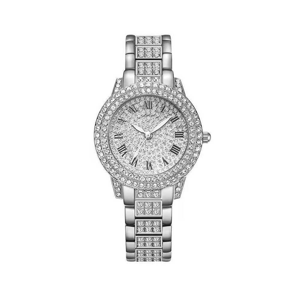 (Silver) Luxury Rhinestone Fashion Women Watches Business Simple Stainless Steel Quartz Watch