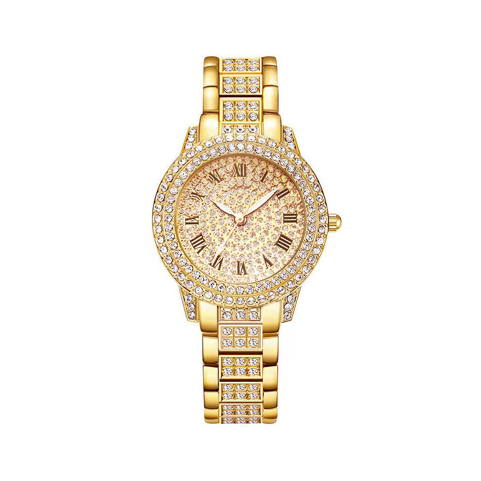 (Gold) Luxury Rhinestone Fashion Women Watches Business Simple Stainless Steel Quartz Watch
