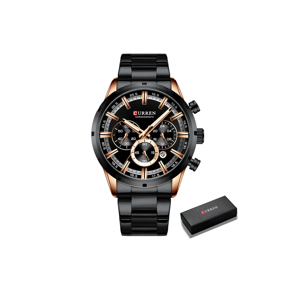 (Black) Mens Watches Luxury Sports Quartz Full Steel Waterproof Chronograph Wristwatch