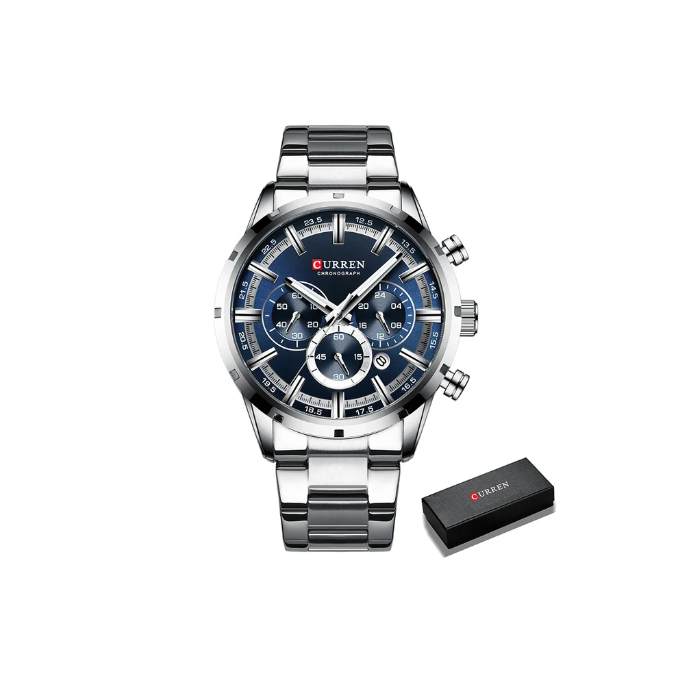(Silver Blue) Mens Watches Luxury Sports Quartz Full Steel Waterproof Chronograph Wristwatch
