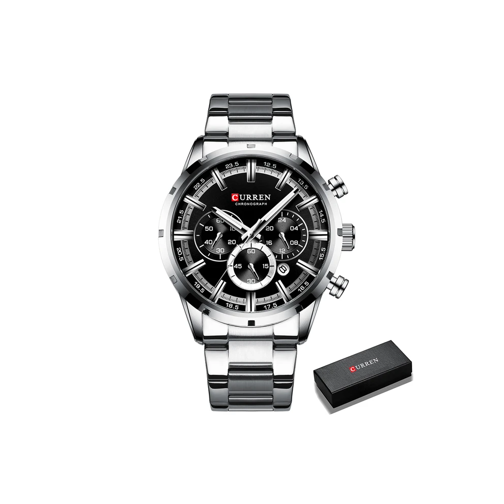 (Silver Black) Mens Watches Luxury Sports Quartz Full Steel Waterproof Chronograph Wristwatch
