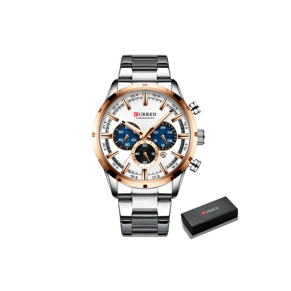 (Silver White) Mens Watches Luxury Sports Quartz Full Steel Waterproof Chronograph Wristwatch