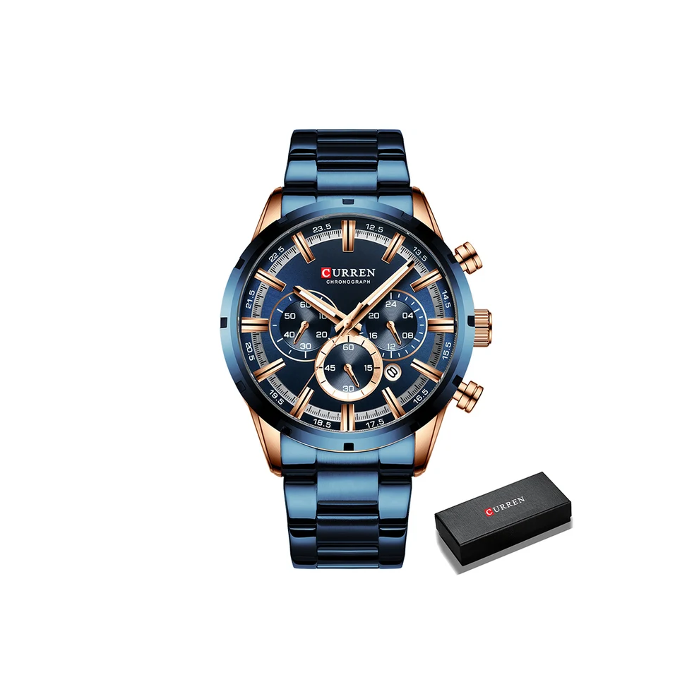 (Blue) Mens Watches Luxury Sports Quartz Full Steel Waterproof Chronograph Wristwatch