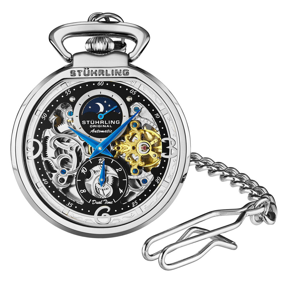 Stuhrling Orignal Mens Pocket Watch Automatic Watch Skeleton Watches for Men - Mechanical Watch with Belt Clip and Chain -Dual Time AM-PM Sun Moon