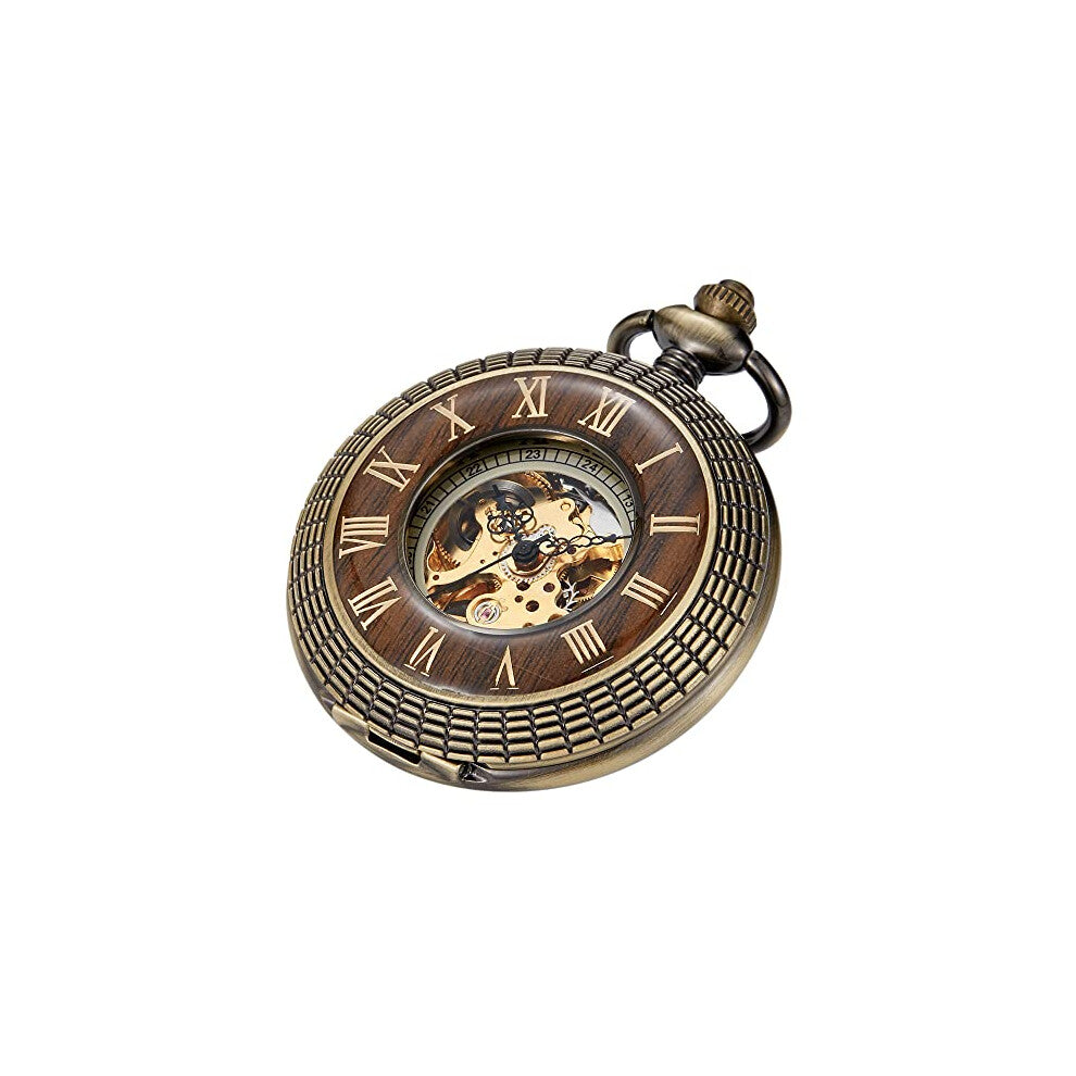 Tiong Vintage Mechanical Pocket Watch Wood Grain Hollow Design Men's Steampunk Roman Numerals Pocket Watch with Chain &Box