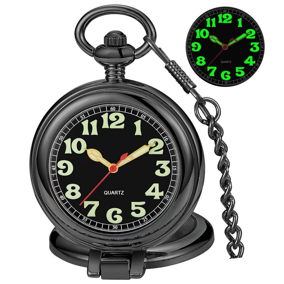 Tiong Black Transparent Cover Men's Quartz Pocket Watch Luminous Dial Stainless Steel Pocket Watches Gift with Chain & Gifts Box