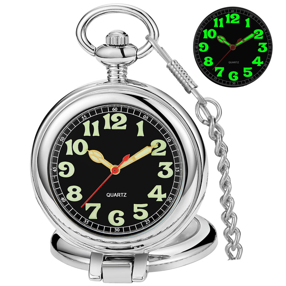 Tiong Silver Transparent Cover Men's Quartz Pocket Watch Luminous Dial Stainless Steel Pocket Watches Gift with Chain & Gifts Box
