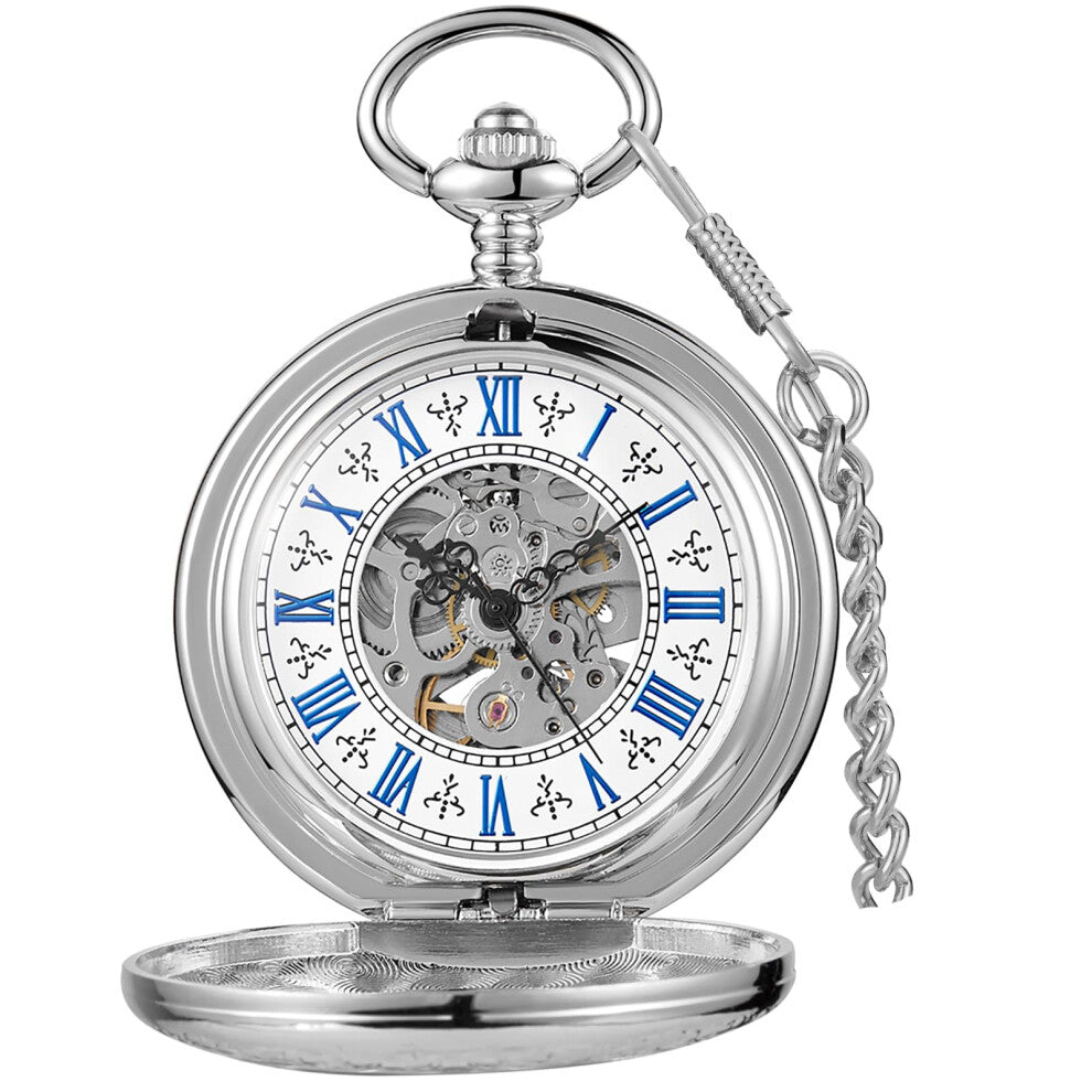 Tiong Vintage Steel Pocket Watch Mechanical Automatic Steampunk Unique Roman Numerals Pocket Watches with Chain Clip for Men