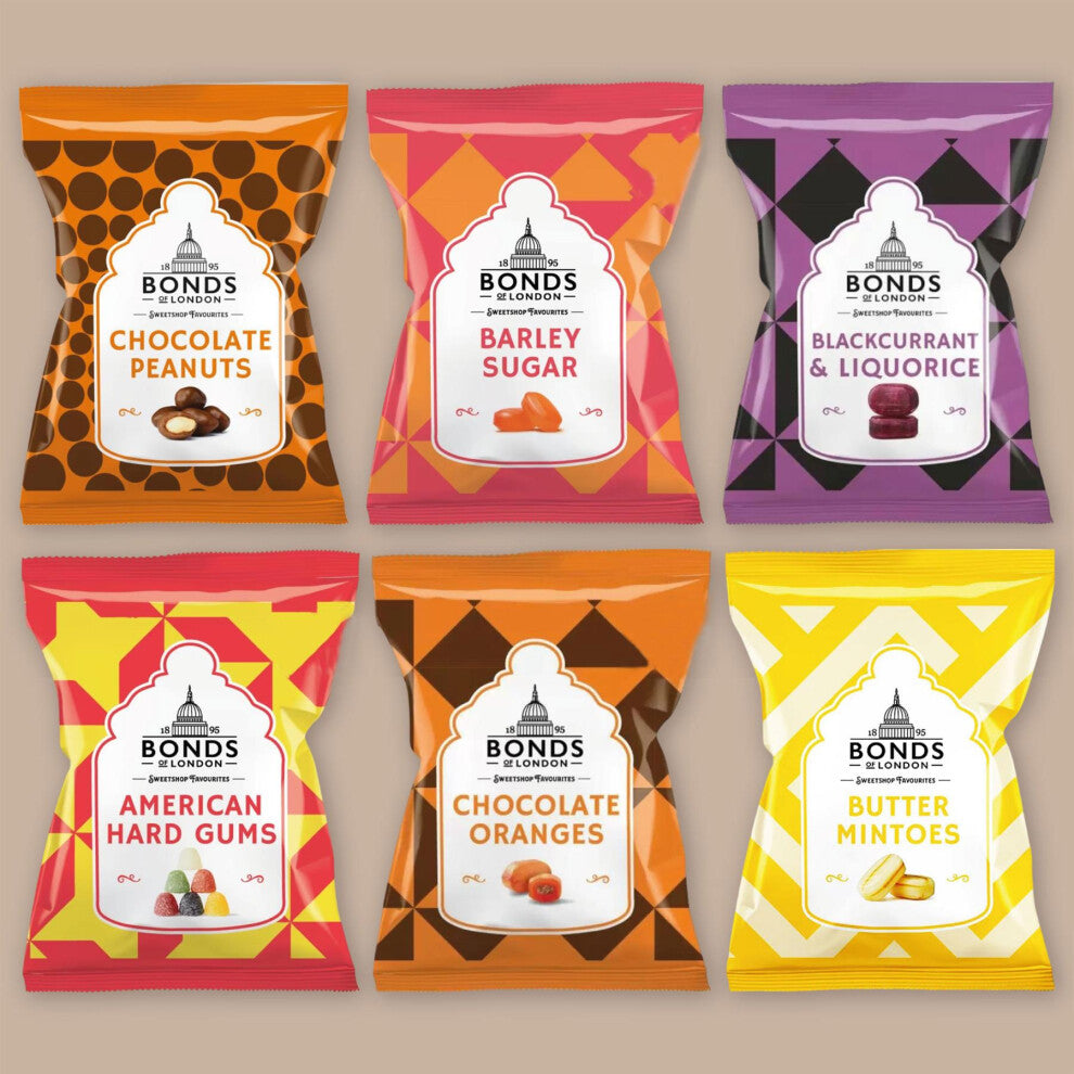 Bonds Assorted Flavours (Pack of 6) - American hard Gum, Barley Sugar, Blackcurrant & Liquorice, Butter Mintoes, Chocolate Peanut, Chocolate Orange