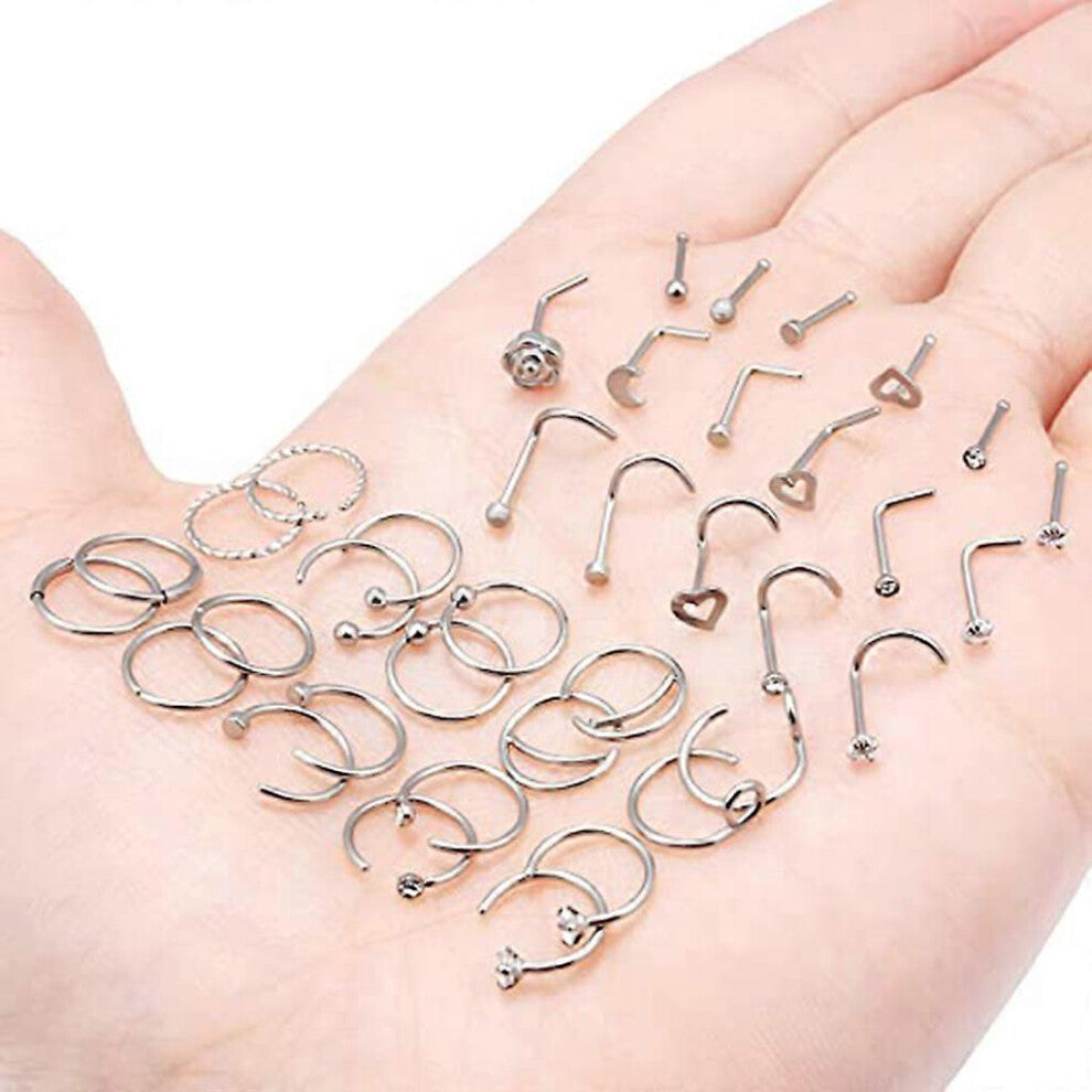 (As show, One size) 36 Pcs Titanium Steel Nose Rings Nose Piercings Jewelry Nose Rings Hoops Studs