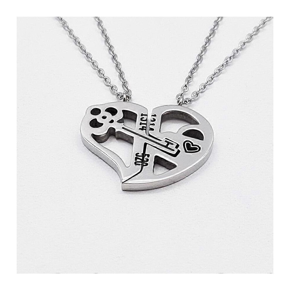 (As show, One size) Lovers Love Heart Lock Key Pendant Necklace Couples Stainless Steel Puzzle Necklace