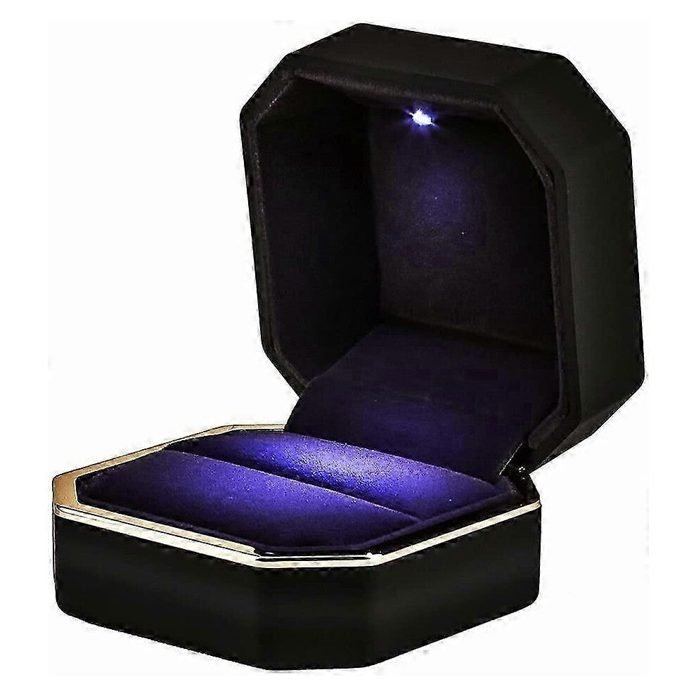 (As show, One size) Luxury Ring Box, Square Velvet Wedding Ring Case Jewelry Gift Box with LED Light for Proposal Engagement Wedding, Black