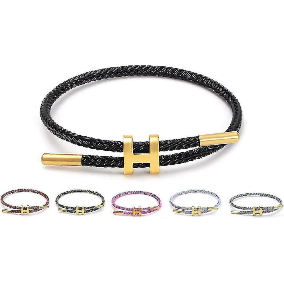 (Black Gold, One size) Adjustable H Rope Bracelet, Gold-plated Buckle Design Titanium Steel Wire Fashion Bridesmaid Bracelet Perfect Gift For Women Me