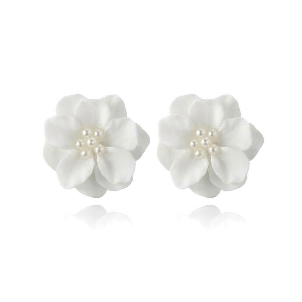 (As show, One size) Elegant Resin White Earrings Stud Exquisite Camellia Flower Petals Earrings Gift