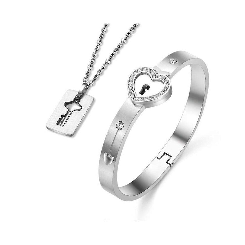 (Set 2, One size) Titanium Steel Love Puzzle Couple Heart Lock Key Couple Bracelet Necklace Lover Jewelry Set Fashion Jewelry