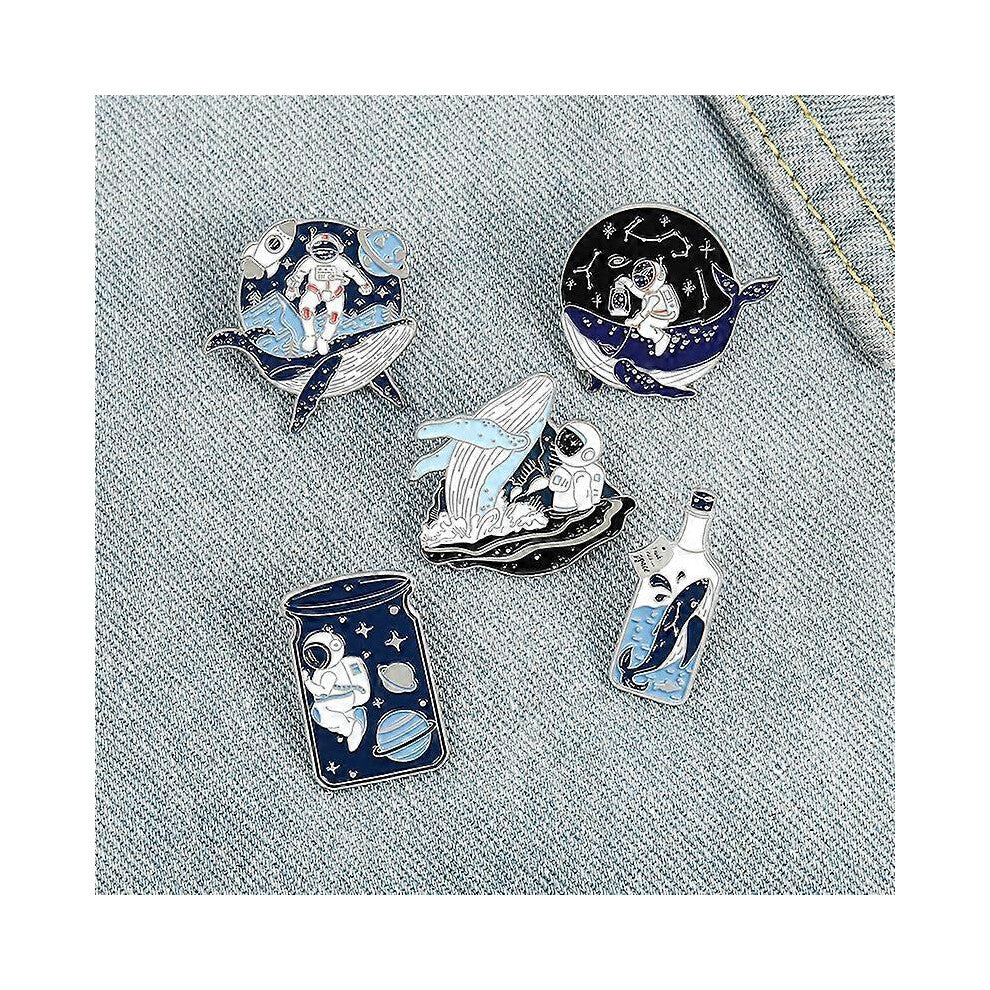 (As show, One size) Cute brooch cartoon whale astronaut drift bottle badge brooch, Brooch Cool Enamel Pins Black Art Set for Jacket Backpack Hat Pant
